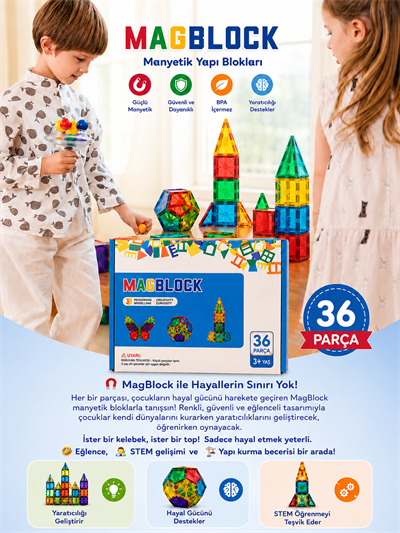 Magblock 36 Parça Manyetik Yapı Blokları - Tamamı Mıknatıslı - Destekleyici Set - Tüm modellerle uyumlu.