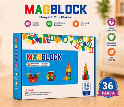 Magblock 36 Parça Manyetik Yapı Blokları - Tamamı Mıknatıslı - Destekleyici Set - Tüm modellerle uyumlu.