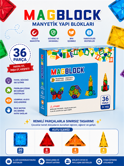 Magblock 36 Parça Manyetik Yapı Blokları - Tamamı Mıknatıslı - Destekleyici Set - Tüm modellerle uyumlu.