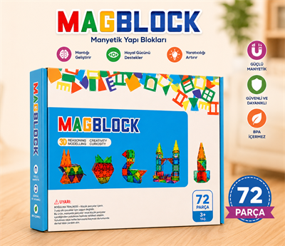 Magblock 72 Parça Manyetik Yapı Blokları - Tamamı Mıknatıslı - Destekleyici Set - Tüm modellerle uyumlu.