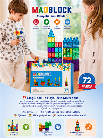 Magblock 72 Parça Manyetik Yapı Blokları - Tamamı Mıknatıslı - Destekleyici Set - Tüm modellerle uyumlu.