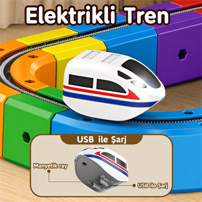 Sihirli Tren – 123 Parça - Akıllı Küp Raylar | USB Şarjlı  Tren Seti