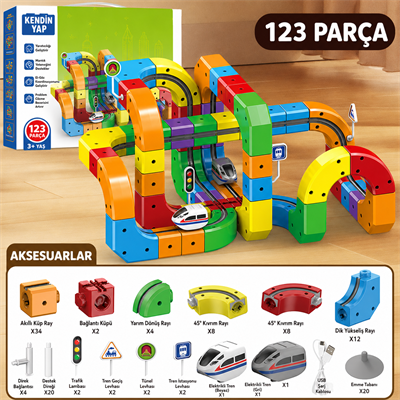 Sihirli Tren – 123 Parça - Akıllı Küp Raylar | USB Şarjlı  Tren Seti