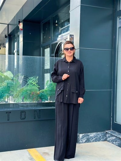 Cep Kapakları Taş İşlemeli Modal Pantolonlu Takım Siyah