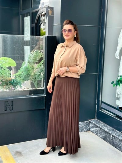 NQY Prive Beli Lastikli Pileli Etek Kahverengi