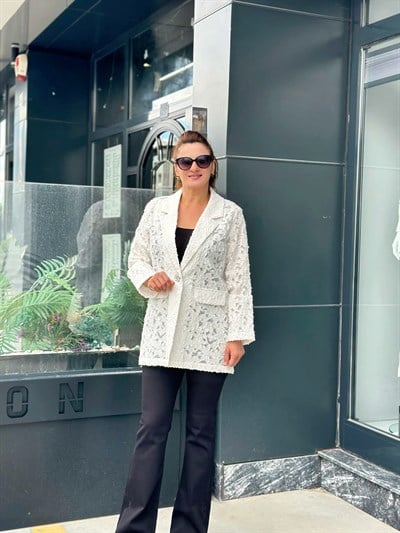 Pul Payet İşlemeli Pamuk Ceket Ekru