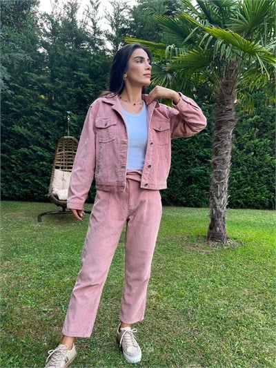 Toz Pembe Fitilli Kadife Ceket