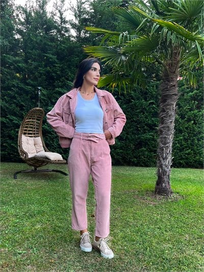Toz Pembe Fitilli Kadife Pantolon