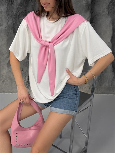 Atkı Detaylı T-shirt Pembe