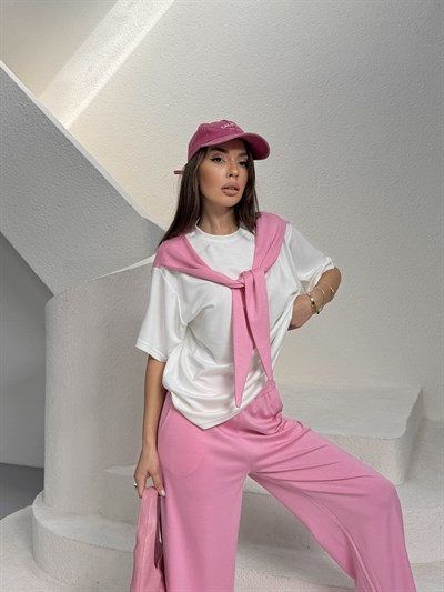 Atkı Detaylı T-shirt ve Pantolon Takım pembe