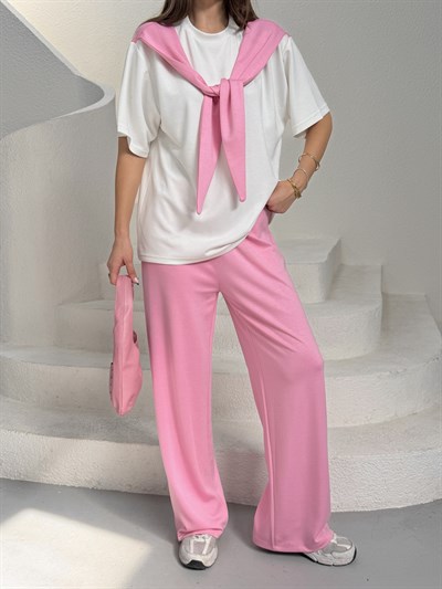Atkı Detaylı T-shirt ve Pantolon Takım pembe