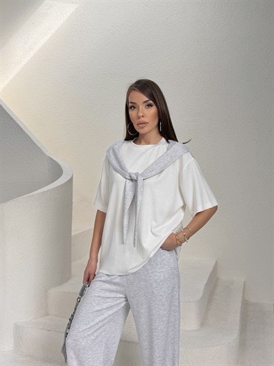 Atkı Detaylı T-shirt ve Pantolon Takım gri