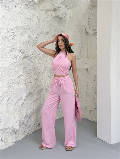 Boyundan Bağlamalı Keten Viral Takım pembe