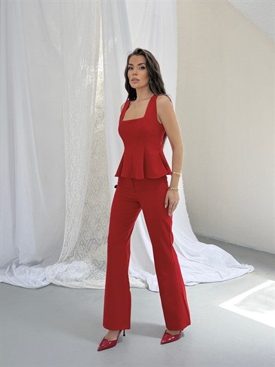 Brisa Kare Yaka Bluz Pantolon Takım kırmızı 