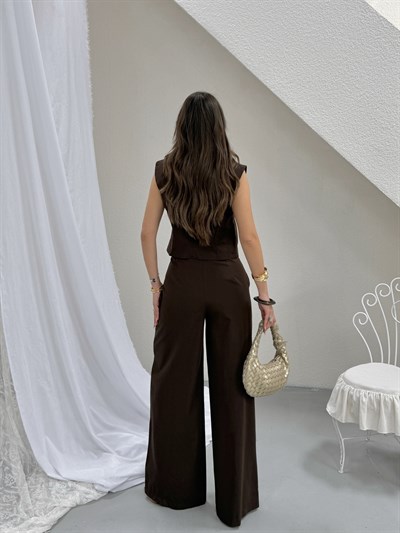 Bukle Kahve Gold Düğme Detaylı Yelek Pantolon Takım 