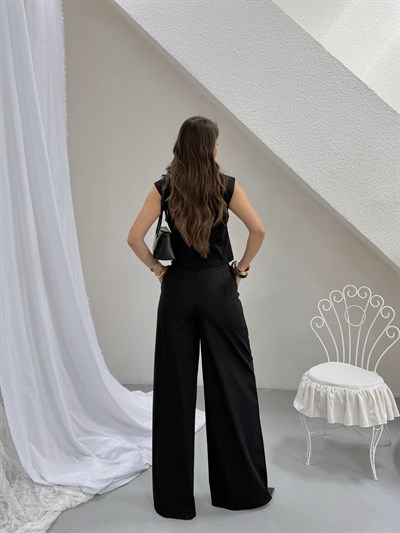 Bukle Siyah Gold Düğme Detaylı Yelek Pantolon Takım 