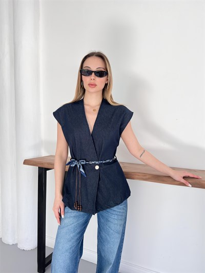 Denim Kumaş Düğmeli Belden Bağlamalı Detaylı Yelek Lacivert