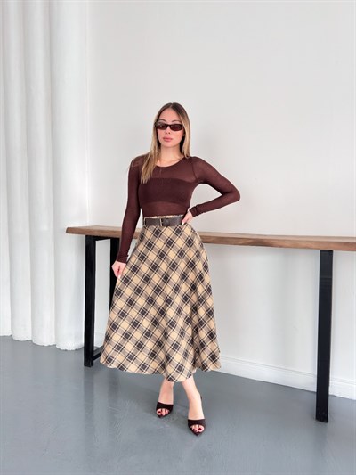 Ekose Desen Baklava Model 2Cepli Kemerli Etek Bej