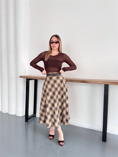 Ekose Desen Baklava Model 2Cepli Kemerli Etek Bej