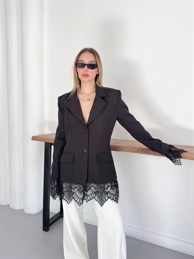 Fantoye Bayan Patchwork Dantel Blazer ceket siyah