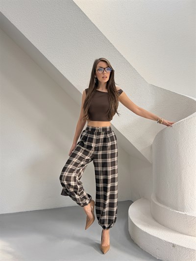 Jolene Ekoseli Kahve Şalvar Pantolon