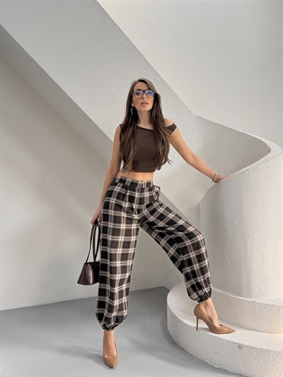 Jolene Ekoseli Kahve Şalvar Pantolon