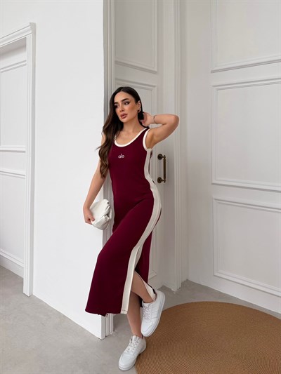 Kadın Modal Kumaş Biyeli Askılı Elbise  bordo 