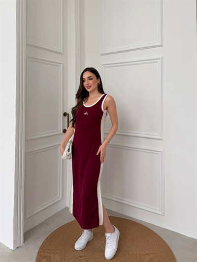 Kadın Modal Kumaş Biyeli Askılı Elbise  bordo 