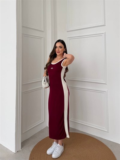 Kadın Modal Kumaş Biyeli Askılı Elbise  bordo 