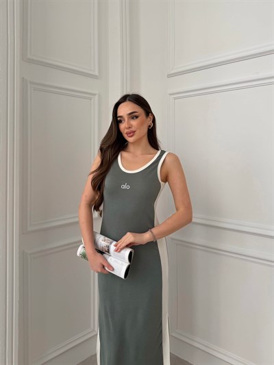 Kadın Modal Kumaş Biyeli Askılı Elbise  YEŞİL 
