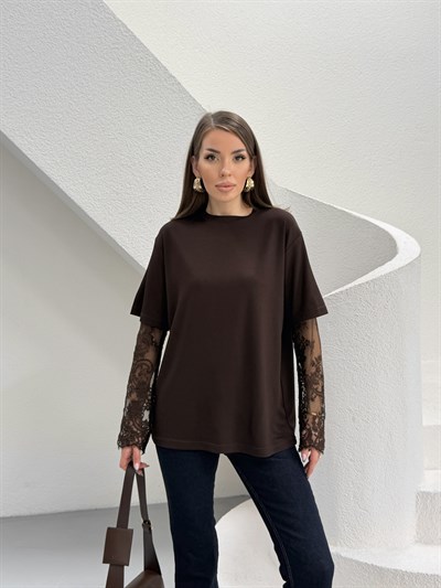 Kolları Dantel Detaylı T-shirt kahve