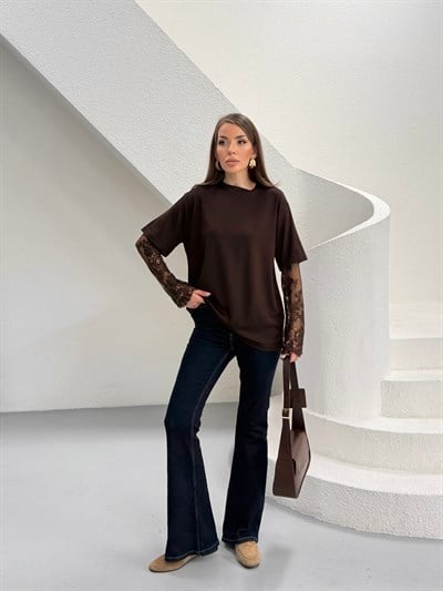 Kolları Dantel Detaylı T-shirt kahve