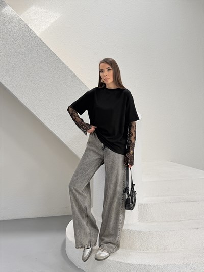 Kolları Dantel Detaylı T-shirt siyah