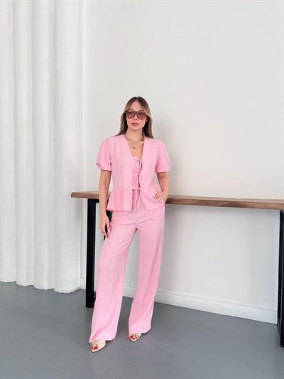 Ön Bağlama Detaylı Marka Model Müslin Takım Pembe