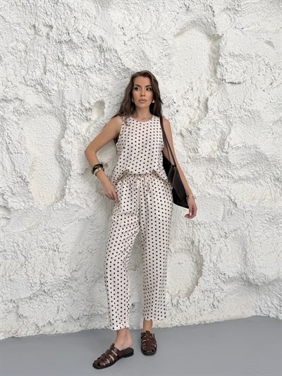 Puantiyeli Bluz Pantolon Takım beyaz
