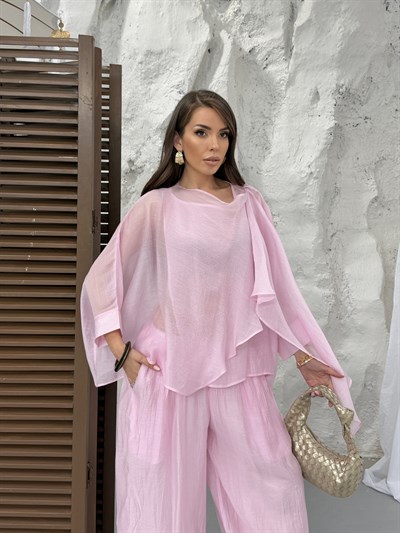 Uçuşan Pelerin Bluz Pantolon Takım pembe 