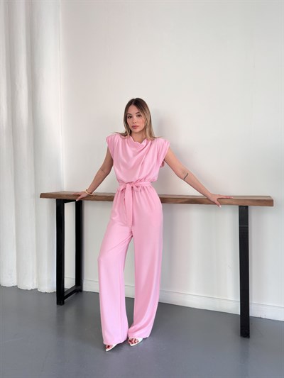 Vatkalı Crep Tulum Pembe