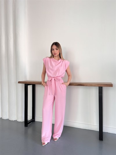 Vatkalı Crep Tulum Pembe