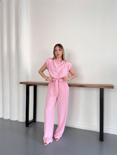 Vatkalı Crep Tulum Pembe