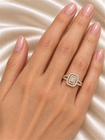 TURKUAZ 14K XUPING ÇİFT ÇERÇEVELİ BAGET MODEL YÜZÜK