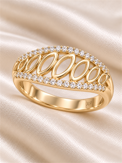 TURKUAZ 14K XUPING OVAL MOTİF ÇİFT SIRA TAŞLI FANTEZİ YÜZÜK