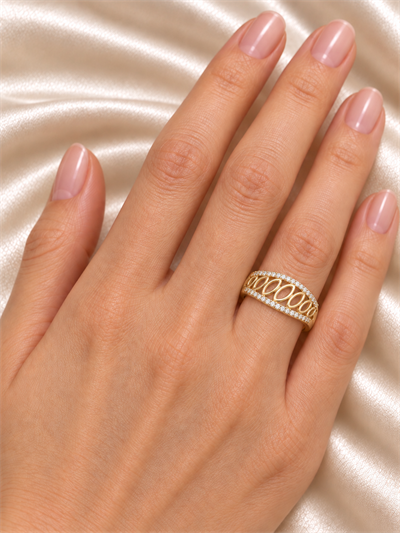 TURKUAZ 14K XUPING OVAL MOTİF ÇİFT SIRA TAŞLI FANTEZİ YÜZÜK