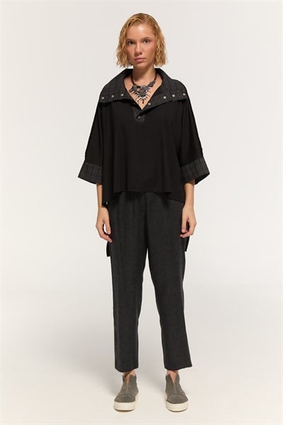 Kadın Antrasit Ekose ve Çıtçıt Detaylı Oversize Bluz