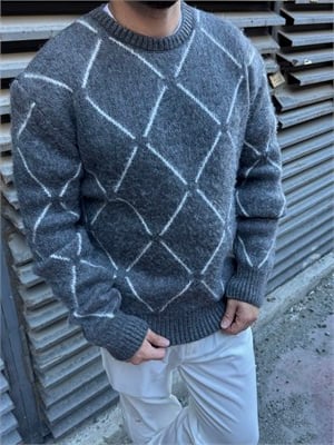 Gri Çizgi Detay Oversize Triko Kazak