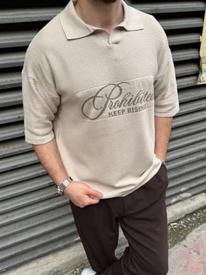 Nakış Detay Kahve Yakalı Triko T-Shirt