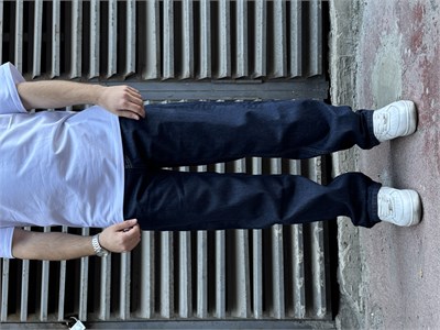 Turuncu Dikiş Detay Lacivert Tam Baggy Jeans