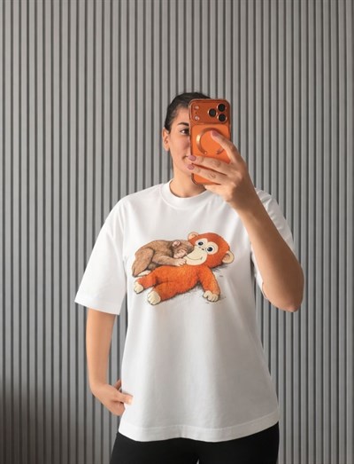 Sevimli Ayıcık Baskılı Basic T-Shirt
