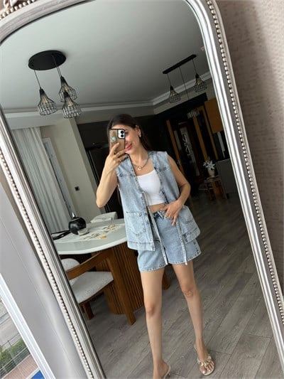 Açık Mavi Cepli Oversize Denim Kot Yelek
