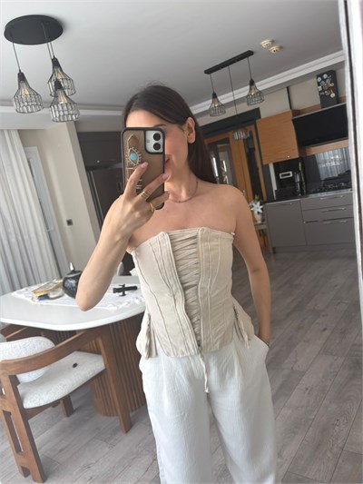 Bej Önden Fermuarlı & Bağcıklı Straplez Korse Büstiyer 