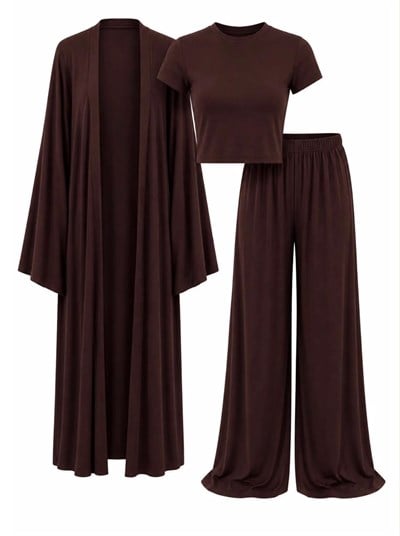 Kahverengi Kimono Crop Tişört & Geniş Paça Pantolon 3'lü Takım